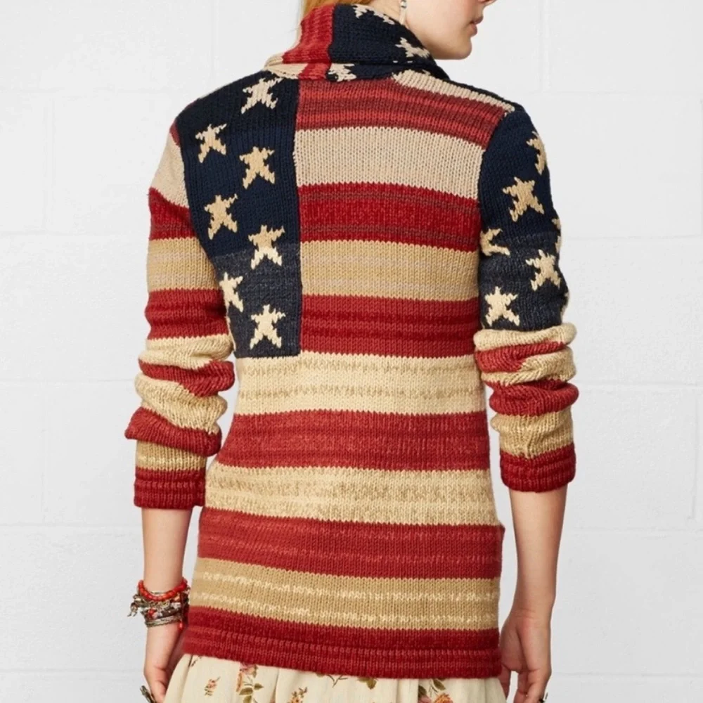 Women’s Polo Ralph Lauren American Flag Chunky Knit Cardigan Sweater Size SP - Picture 13 of 14